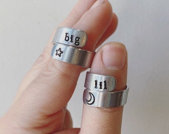 Hand Stamped Aluminum Wrap Rings: Big Sis Lil Sis Set