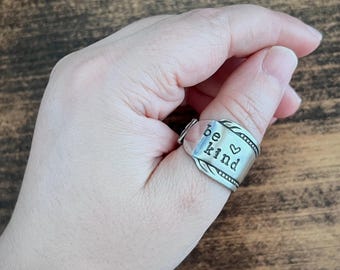 Size 8 Spoon Ring "Be Kind" - Vintage, Silverplate, Hand Stamped, Handcrafted