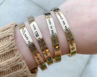 Custom Brass Cuff Bracelet: Hand Stamped, Personalized, Shiny Gold