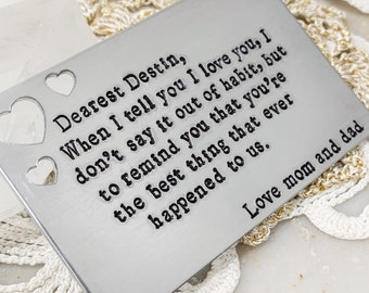 Personalized Wallet Insert - Hand Stamped Aluminum with Heart Cutout - Customized with Any Saying - Anniversary, Father's Day, Wedding Gift