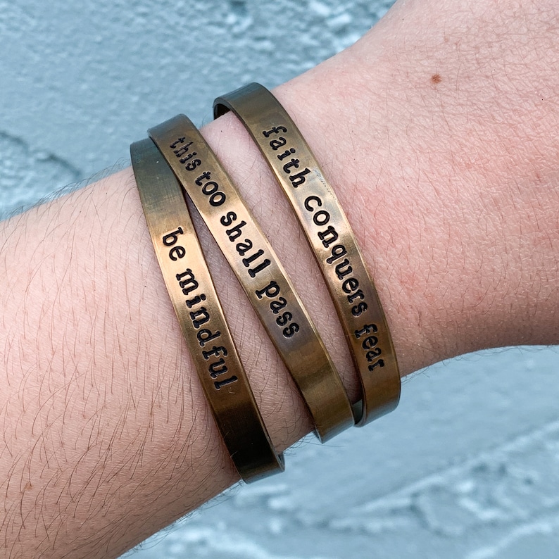 Faith Conquers Fear Hand Stamped Brass Cuff Positivity Reminder Bracelet