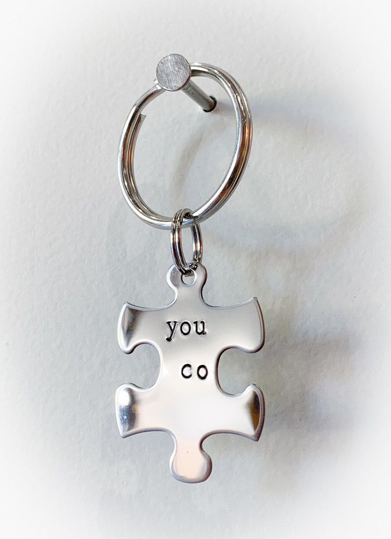 You Complete Me Stainless Steel Puzzle Keychain Set Hand Stamped Personalized & Custom Set of 2 Keychains Anniversary Love image 4