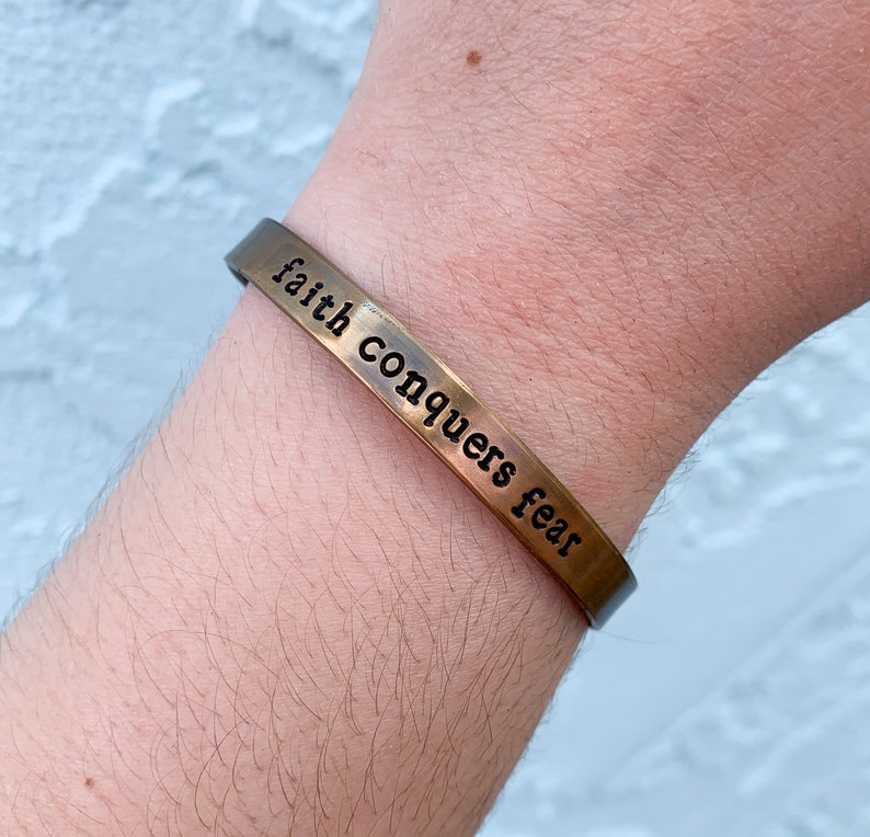 Faith Conquers Fear Hand Stamped Brass Cuff Positivity Reminder Bracelet