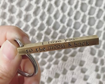 Custom Brass Bar Keychain - I Love You to the Moon and Back - With Initials and Anniversary Date - Kids' Names and Birthdates - Personalized