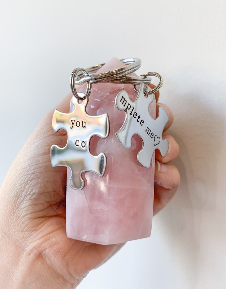 You Complete Me Stainless Steel Puzzle Keychain Set Hand Stamped Personalized & Custom Set of 2 Keychains Anniversary Love image 1