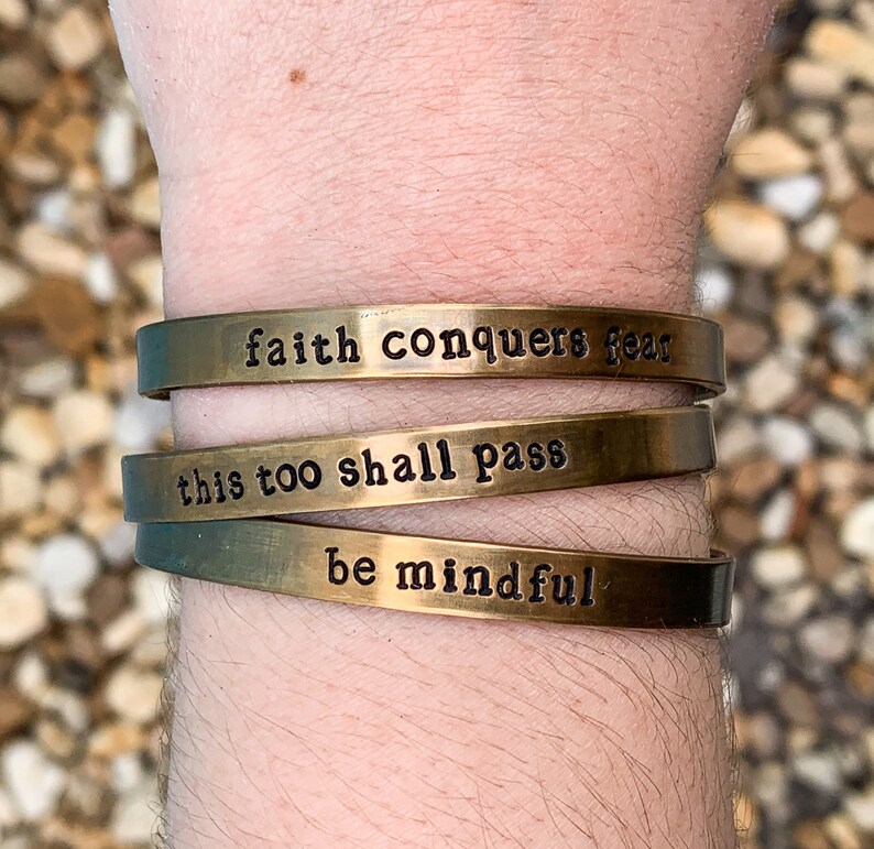 Faith Conquers Fear Hand Stamped Brass Cuff Positivity Reminder Bracelet