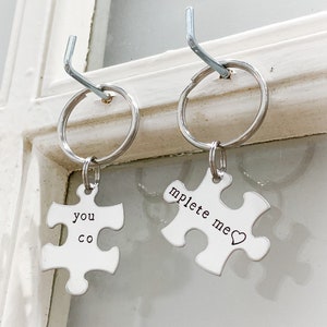 You Complete Me Stainless Steel Puzzle Keychain Set Hand Stamped Personalized & Custom Set of 2 Keychains Anniversary Love image 2