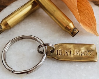 Custom Shell Casing Keychain - Brass Bullet - Flattened and Hand Stamped with Date , Name , Saying of Your Choice - Great Groomsmen Gift