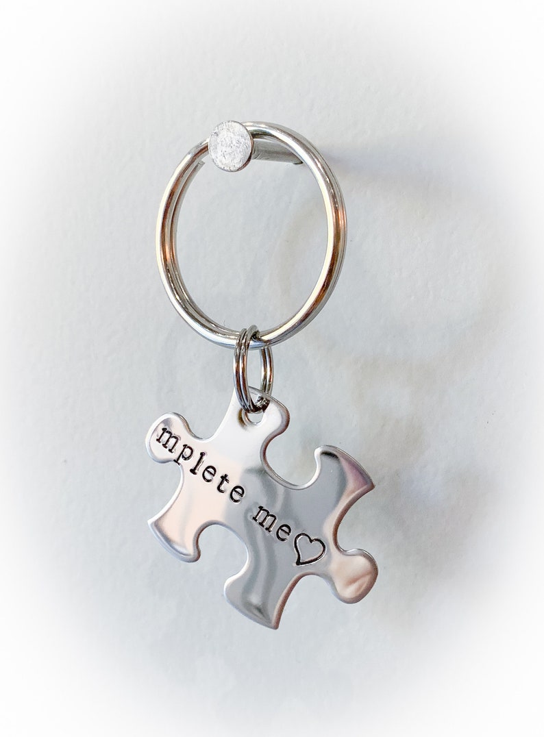 You Complete Me Stainless Steel Puzzle Keychain Set Hand Stamped Personalized & Custom Set of 2 Keychains Anniversary Love image 5