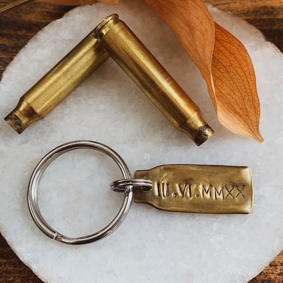 Custom Shell Casing Keychain Brass Bullet Flattened and Hand Stamped With  Date , Name , Saying of Your Choice Great Groomsmen Gift 