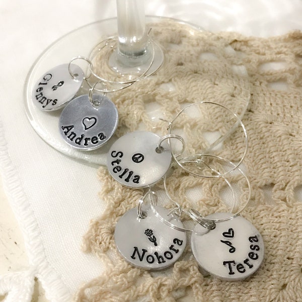 Custom Wine Charm Set - Hand Stamped Aluminum Wine Charms Personalized with Names - Set of 4+ - Bridal Party - Wedding Favors - Event Favors
