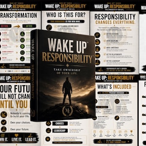 Könnte beinhalten: Ein schwarzes Buch mit dem Titel Wake Up Responsibility: Take Ownership of Your Life, das die Silhouette einer Person auf einem Berg bei Sonnenuntergang zeigt. Das Buch ist von mehreren Informationsseiten umgeben, die den Inhalt und die Werkzeuge erläutern.