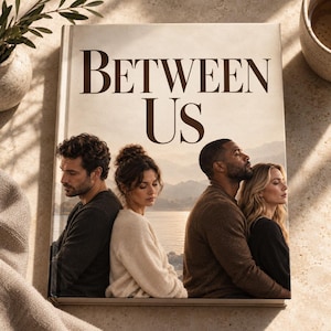 May include: A hardback book titled Between Us featuring a cover image of two couples sitting back-to-back against a landscape of mountains and a lake. The text is printed in a dark brown serif font on a cream-coloured background with a matte finish.