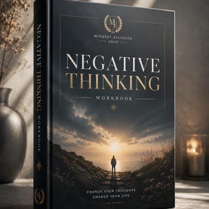 Puede incluir: Un libro de ejercicios de tapa dura negra titulado Negative Thinking Workbook con letras doradas. La portada presenta una ilustración de un paisaje con una persona de pie en un camino frente a una puesta de sol sobre el océano. El texto incluye Mindset Elevated Shop y Change your thoughts. Change your life.
