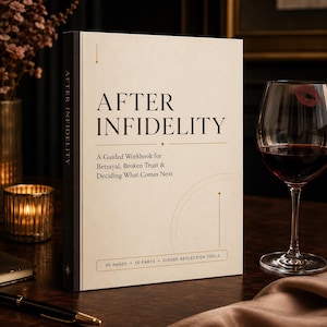 May include: A cream-colored guided workbook titled After Infidelity: A Guided Workbook for Betrayal, Broken Trust & Deciding What Comes Next. The cover features black serif text, gold line accents, and states 90 pages, 10 parts, and guided reflection tools.