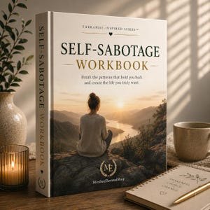 May include: A hardcover book titled Self-Sabotage Workbook from the Therapist-Inspired Series. The cover features a person sitting on a cliff overlooking a river at sunset. Text reads: Break the patterns that hold you back and create the life you truly want.
