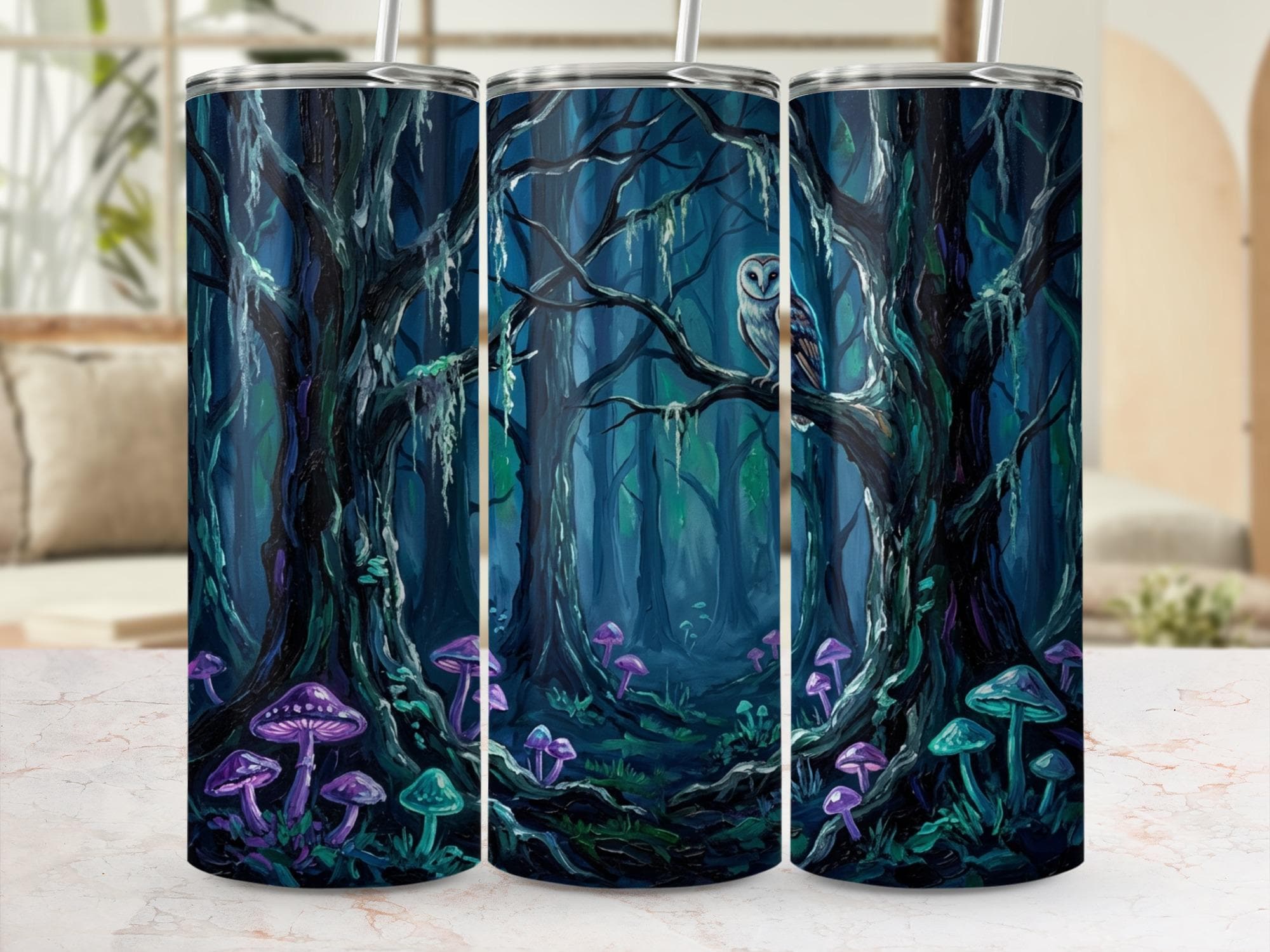 Barn Owl Tumbler Wrap, 20oz Moonlit Forest Mushroom Sublimation PNG