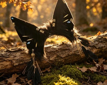 Handmade Black Sheep Ears Headband, Gothic Furry Cosplay, Gold Feather Blue Gem, LARP Halloween Costume Accessory