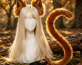 Conjunto de orejas y cola de gato/zorro marrón hecho a mano, disfraz de piel sintética para juegos de rol, diadema con orejas de animal.