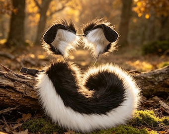 Ensemble d'oreilles et de queue en fausse fourrure de chiot noir blanc fait main | Accessoire de costume de chien cosplay doux pour Halloween, fêtes d'animaux de compagnie