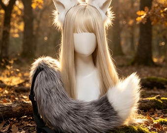 Zestaw z uszami i ogonem szaro-białego lisa, dodatek do cosplayu ze sztucznego futra, ręcznie robiony zestaw kostiumów zwierzęcych, futrzany strój do odgrywania ról kawaii, prezent do przebrania fantasy