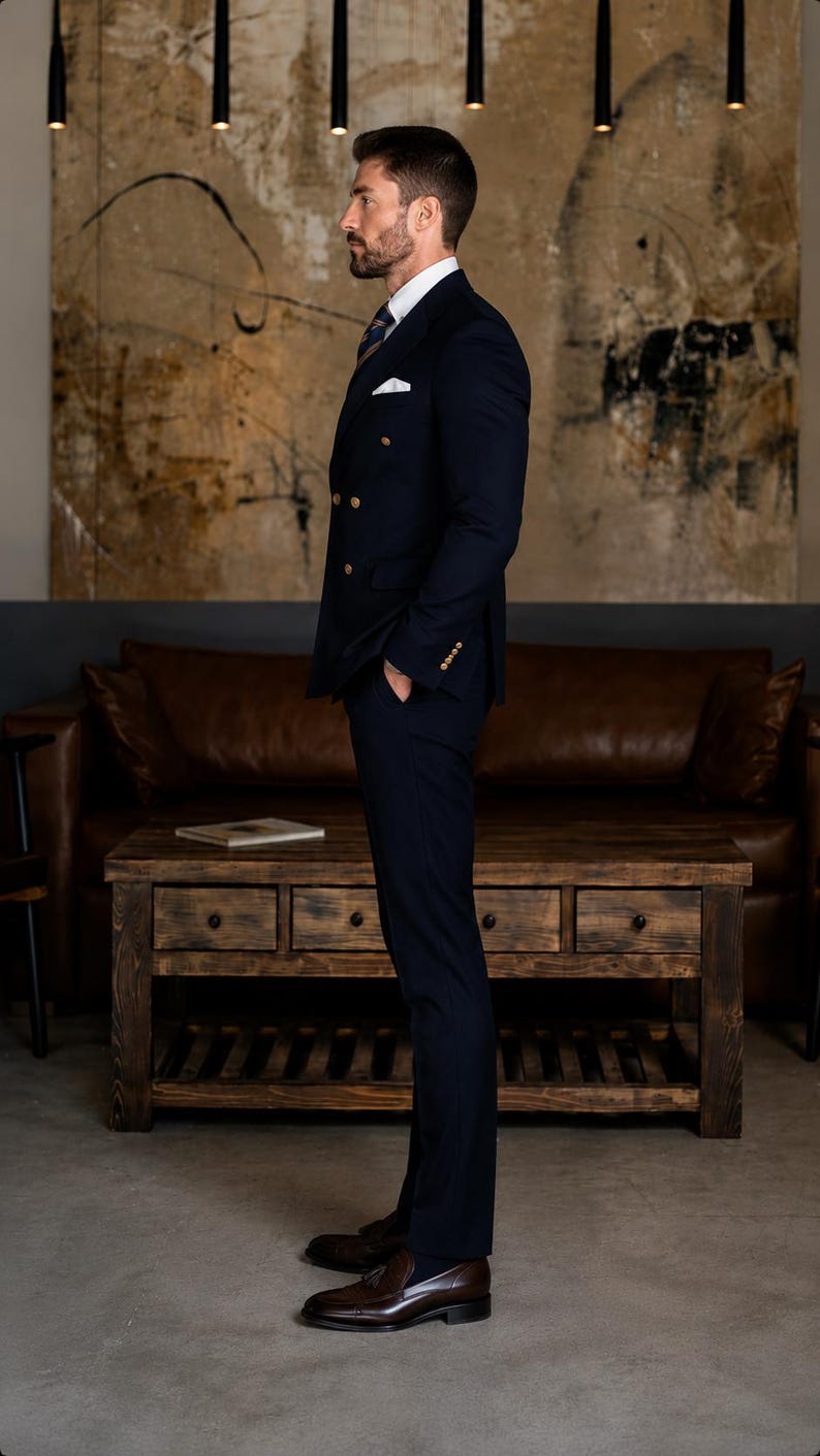 Dark Navy Double Breasted Men's Suit, Partywear Office Wedding Formal — free download