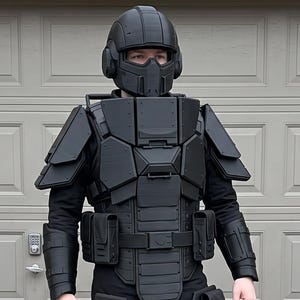 May include: A full-body matte black tactical armor suit featuring a segmented chest plate, shoulder pauldrons, forearm guards, and thigh plates with integrated pouches. The set includes a matching helmet with a face mask and knee pads.
