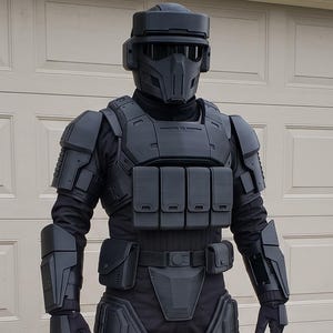May include: A full-body matte black tactical armor suit featuring a helmet with a visor, shoulder pauldrons, forearm guards, a chest plate with four integrated pouches, a utility belt, thigh plates, and shin guards worn over a black base layer.