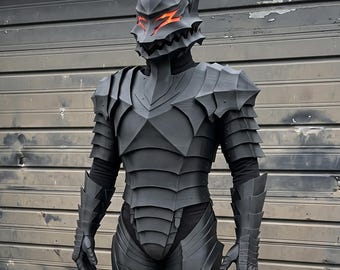 May include: A full-body black suit of armour featuring a pointed helmet with glowing orange eye slits, segmented shoulder pauldrons, articulated arm guards, a chest plate with layered plating, and matching leg armour with pointed knee and shin guards.