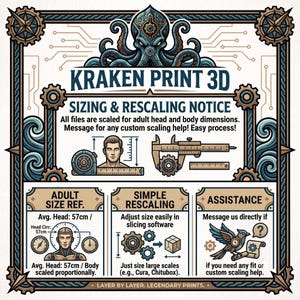 May include: An informational graphic titled KRAKEN PRINT 3D SIZING & RESCALING NOTICE. It features a stylized octopus, gears, and diagrams explaining adult head sizing of 57cm, rescaling instructions for software like Cura, and assistance contact info.