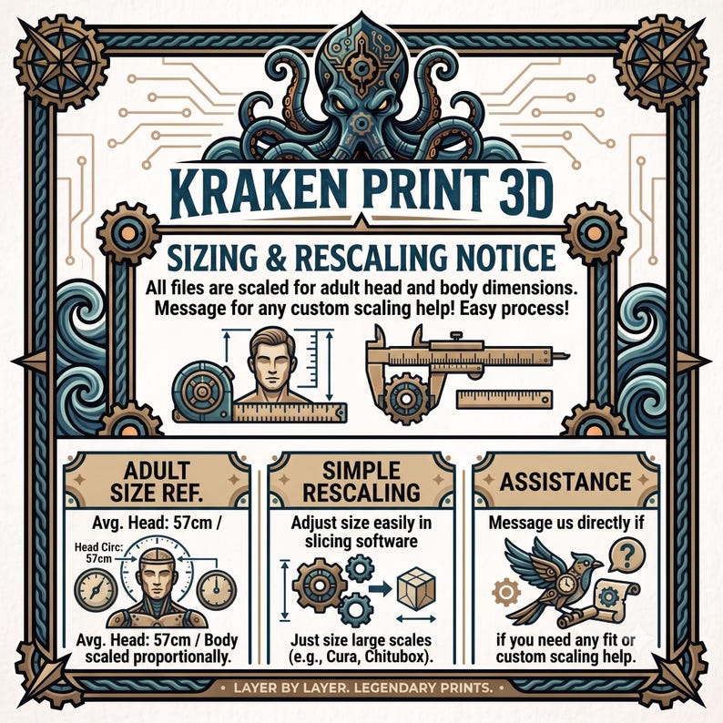 May include: An informational graphic titled KRAKEN PRINT 3D SIZING & RESCALING NOTICE. It features a stylized octopus, gears, and diagrams explaining adult head sizing of 57cm, rescaling instructions for software like Cura, and assistance contact info.