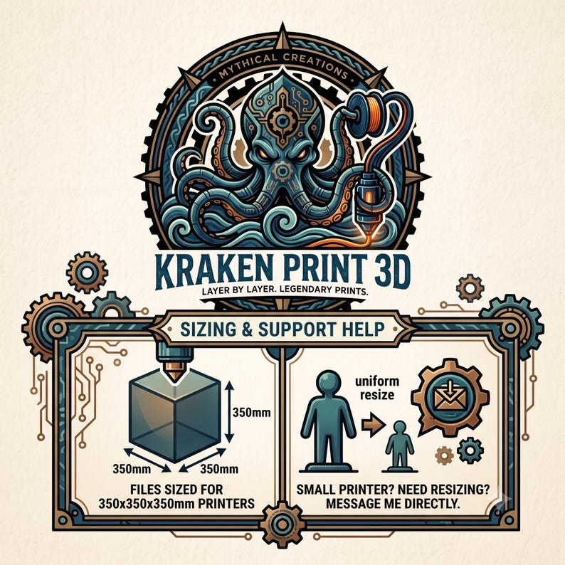 May include: A graphic featuring a mechanical octopus logo above the text KRAKEN PRINT 3D. A box labelled SIZING & SUPPORT HELP shows a 350mm x 350mm x 350mm cube, a uniform resize icon, and the text SMALL PRINTER? NEED RESIZING? MESSAGE ME DIRECTLY.