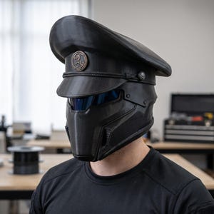 Puede incluir: Un casco integral negro con una visera rígida de acabado reflectante azul oscuro. La parte superior tiene un diseño de gorra militar con un emblema circular en el frente y un cordón negro decorativo sujeto por pequeños botones en forma de calavera.