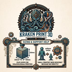 May include: A graphic featuring a mechanical octopus logo above the text KRAKEN PRINT 3D. A box labelled SIZING & SUPPORT HELP shows a 350mm x 350mm x 350mm cube, a uniform resize icon, and the text SMALL PRINTER? NEED RESIZING? MESSAGE ME DIRECTLY.