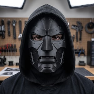 Könnte beinhalten: Eine mattschwarze Vollmaske mit einem starren, segmentierten Design und sichtbaren Nietendetails an Stirn, Wangen und Kinn. Die Maske verfügt über rechteckige Augenöffnungen und eine strukturierte Kieferpartie und wird unter einem schwarzen Kapuzenkleidungsstück getragen.