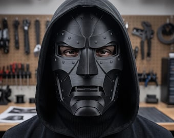 May include: A matte black, full-face mask featuring a rigid, segmented design with visible rivet details across the forehead, cheeks, and chin. The mask includes rectangular eye openings and a structured jawline, worn under a black hooded garment.