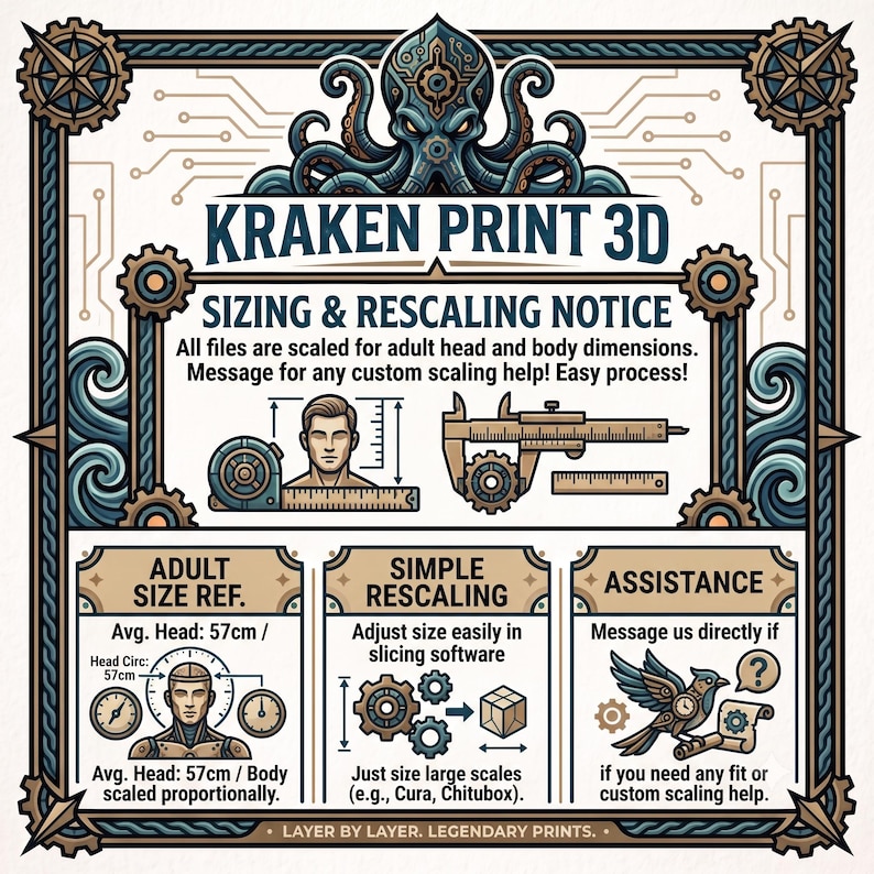 May include: An informational graphic titled KRAKEN PRINT 3D SIZING & RESCALING NOTICE. It features a stylized octopus, gears, and diagrams explaining adult head sizing of 57cm, rescaling instructions for software like Cura, and assistance contact info.