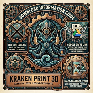 May include: A digital information guide featuring a central teal octopus with mechanical gear details. The text reads: DOWNLOAD INFORMATION GUIDE, FILE LIMITATIONS, GOOGLE DRIVE LINK, KRAKEN PRINT 3D, LAYER BY LAYER. LEGENDARY PRINTS, MADE-TO-ORDER ITEMS.
