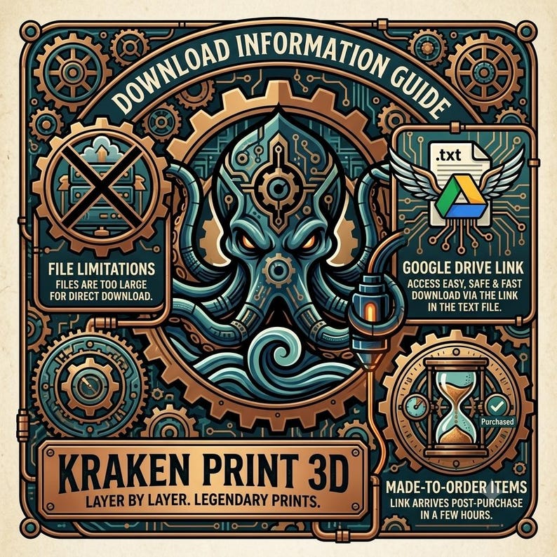 May include: A digital information guide featuring a central teal octopus with mechanical gear details. The text reads: DOWNLOAD INFORMATION GUIDE, FILE LIMITATIONS, GOOGLE DRIVE LINK, KRAKEN PRINT 3D, LAYER BY LAYER. LEGENDARY PRINTS, MADE-TO-ORDER ITEMS.