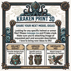 May include: A rectangular graphic sign titled KRAKEN PRINT 3D featuring a central octopus illustration, gear motifs, and waves. The text invites custom 3D model requests for helmets and armour, including instructions to message with images and descriptions.
