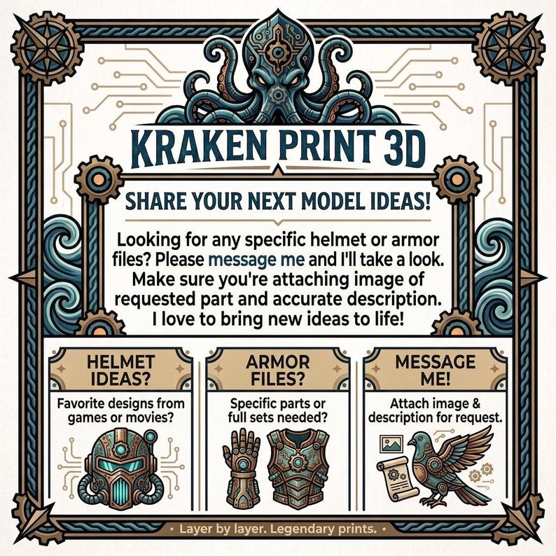 May include: A rectangular graphic sign titled KRAKEN PRINT 3D featuring a central octopus illustration, gear motifs, and waves. The text invites custom 3D model requests for helmets and armour, including instructions to message with images and descriptions.