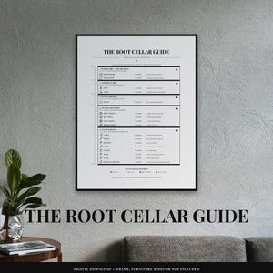 May include: A white wall art print titled THE ROOT CELLAR GUIDE featuring black text and icons organized into a chart. The guide lists various vegetables and their storage conditions, including warm and dry, hanging, dark box, cold shelf, and sand box.