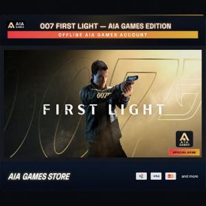 Puede incluir: Una portada de juego digital para 007 First Light - AIA Games Edition. La imagen muestra a una persona con una chaqueta oscura sosteniendo una pistola, con el texto 007 First Light. El fondo incluye un gran logotipo dorado de 007.