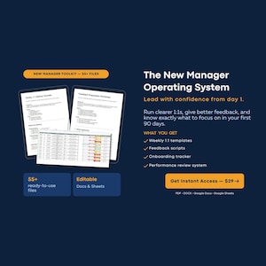 Puede incluir: Una visualización de producto digital para el kit The New Manager Operating System. Incluye vistas previas de documentos y una lista de más de 55 archivos listos para usar, como plantillas de reuniones 1:1, guiones de feedback y un rastreador.