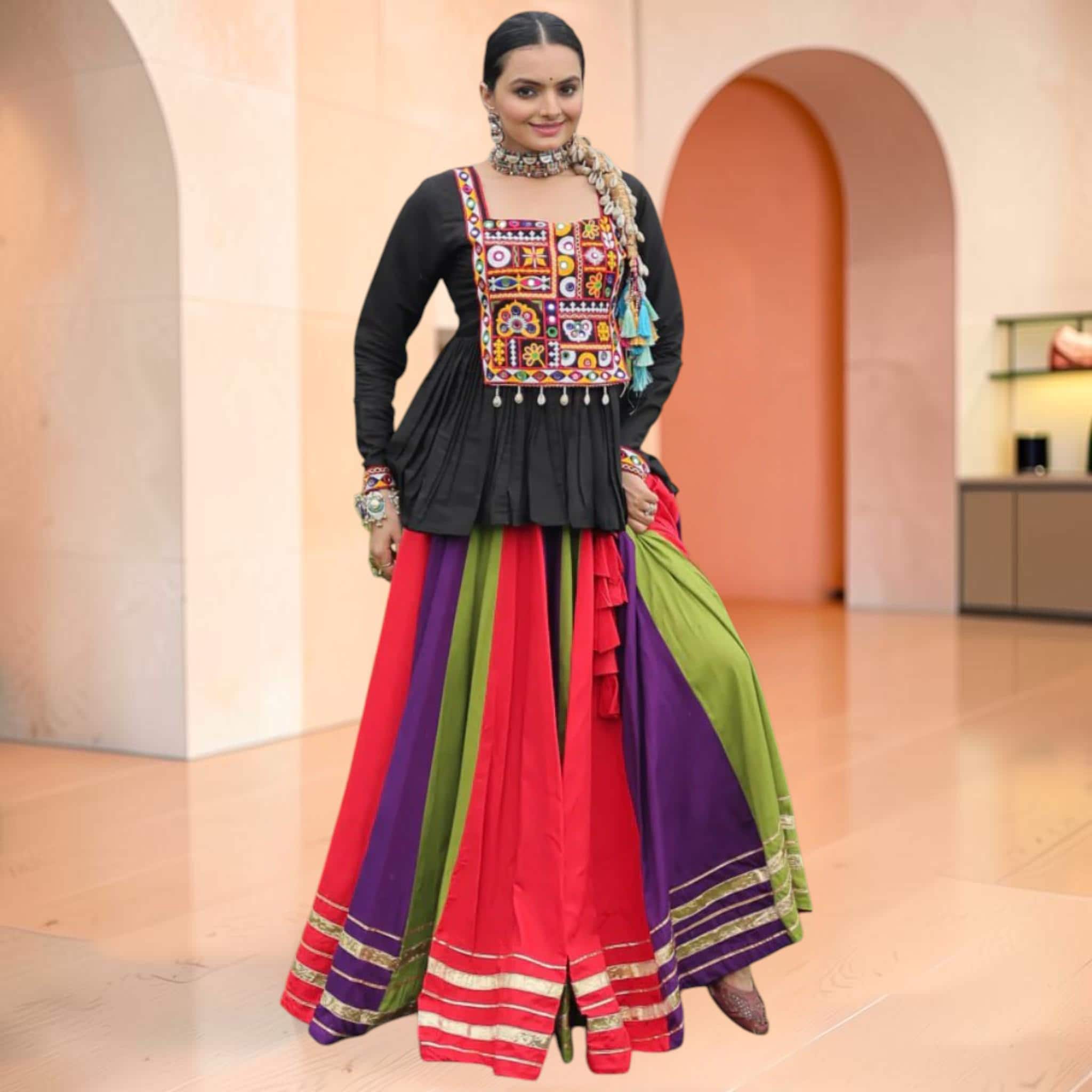 Rayon Silk Lehenga, Color Block Gamthi Embroidered Peplum Top Navratri Festival Outfit