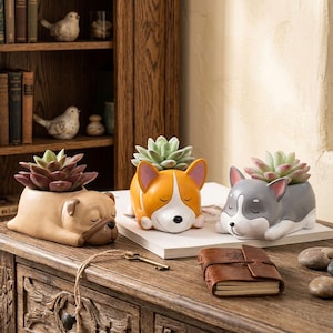 May include: Three ceramic planters shaped like sleeping dogs, including a tan pug, an orange and white corgi, and a gray and white dog. Each planter holds a small green succulent plant and features closed eyes and a peaceful expression.
