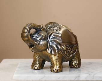 Vintage Elephant Metal Ashtray with Lid - Lucky Trunk Up Animal Statue - Windproof Bronze Smoke Tray - Feng Shui Home Office Decor Art Gift