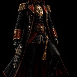 Puede incluir: Un abrigo largo de estilo militar en negro y rojo con charreteras doradas, cuello alto y una placa pectoral dorada con un emblema de calavera. El conjunto incluye una gorra a juego, un cinturón con hebilla de calavera, guantes negros y un arma.