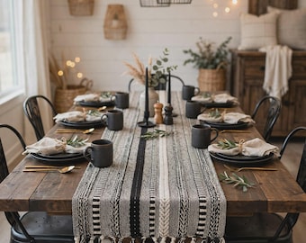 Woven Cotton Table Runner, Black Braided Stripe Tassel, Boho Farmhouse Decor (15x77 Including Fringe)
