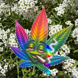Funny Weed Leaf Sticker | Stoner Decal | Holographic Cannabis Sticker | Laptop Journal Planner Sticker | Handmade UK